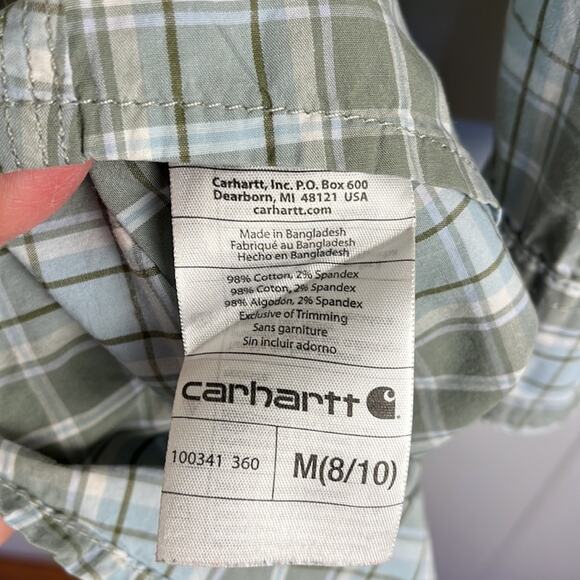 Carhartt Women’s Shirt Medium 8/10 Green Blue Plaid 3/4 Sleeves Button Up - Picture 7 of 7